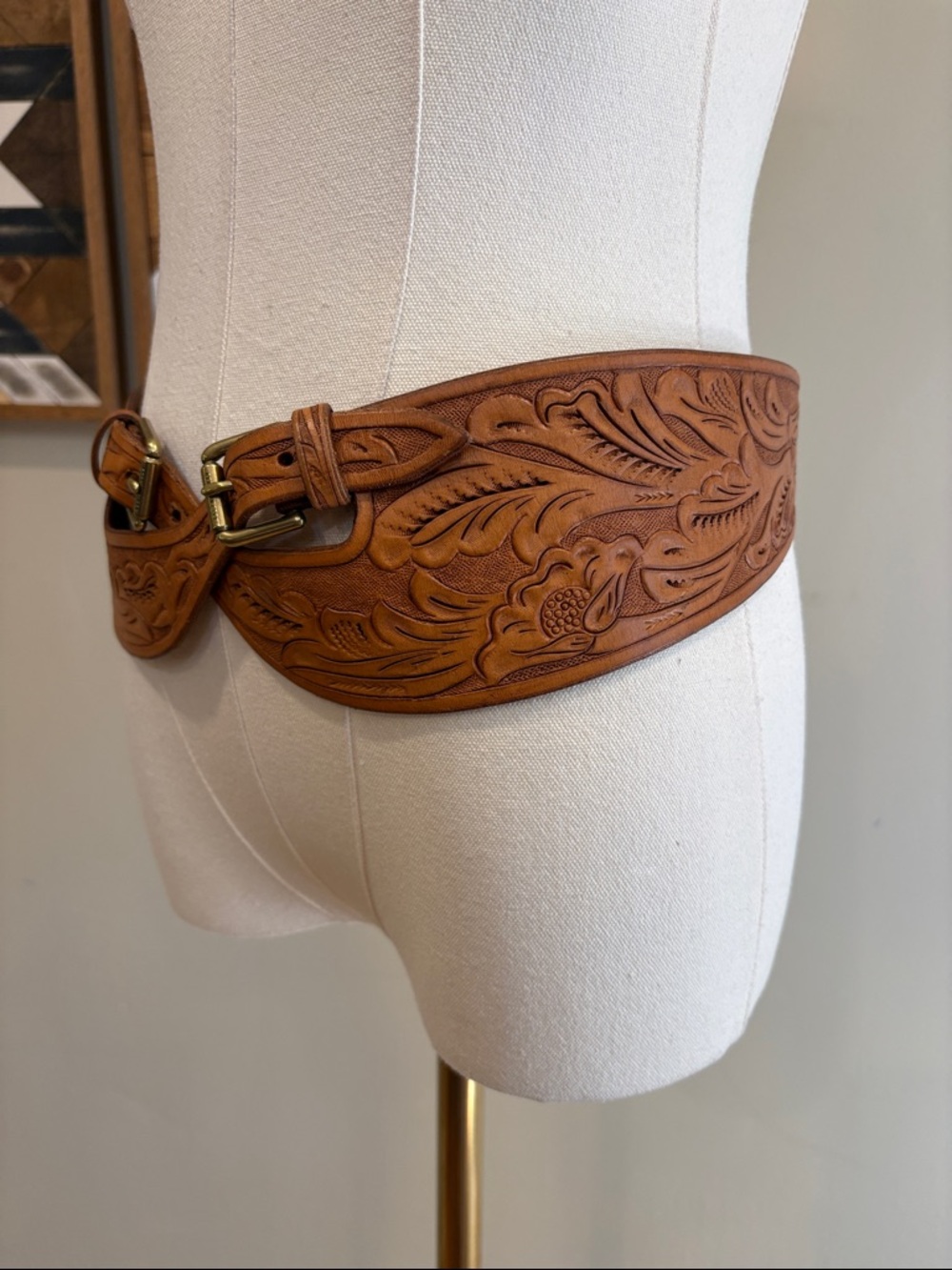 Vintage Ralph Lauren Brown Tooled Leather Cross Double Buckle Belt size Medium - Picture 5 of 16